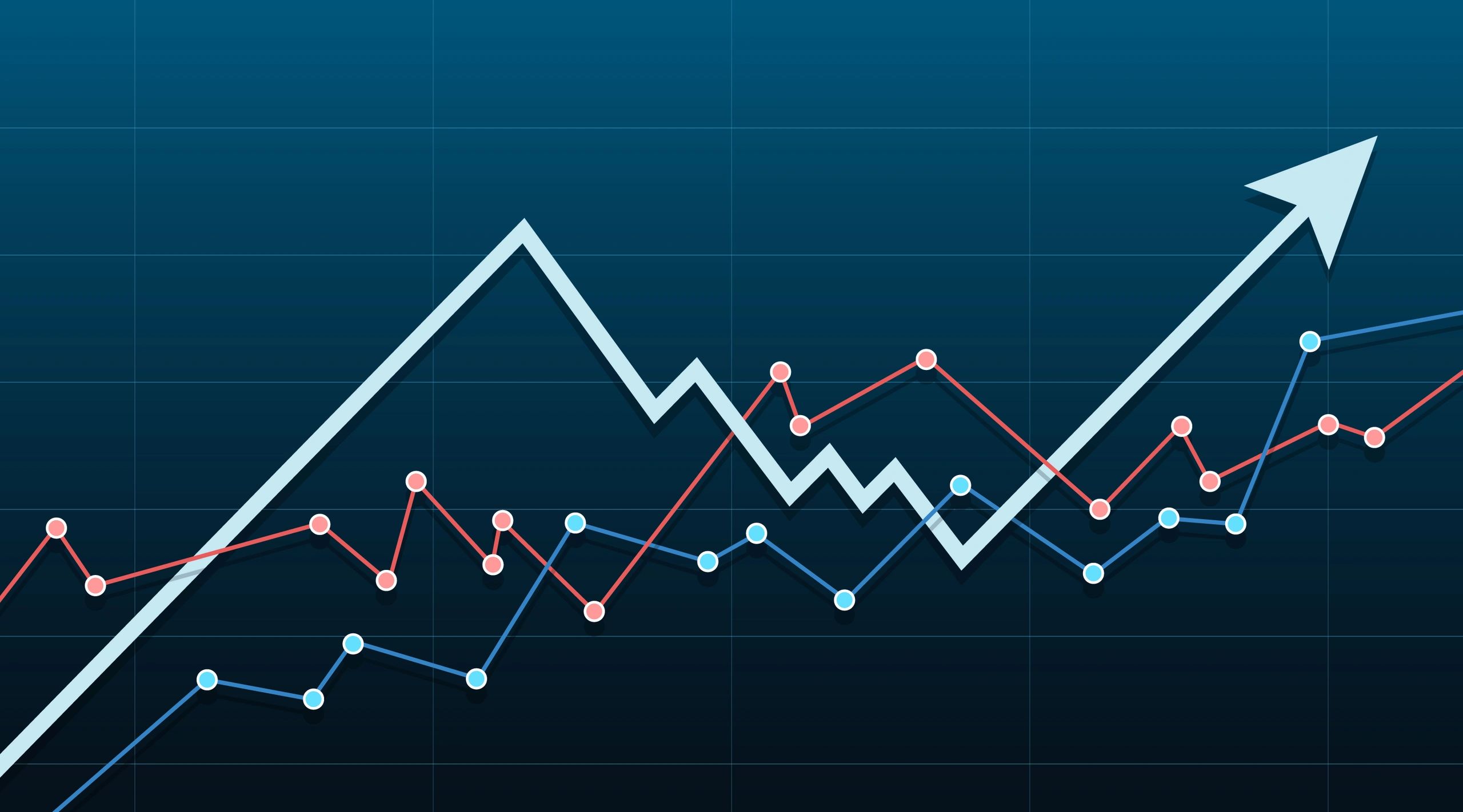 Abstract financial chart with a blue arrow pointing up