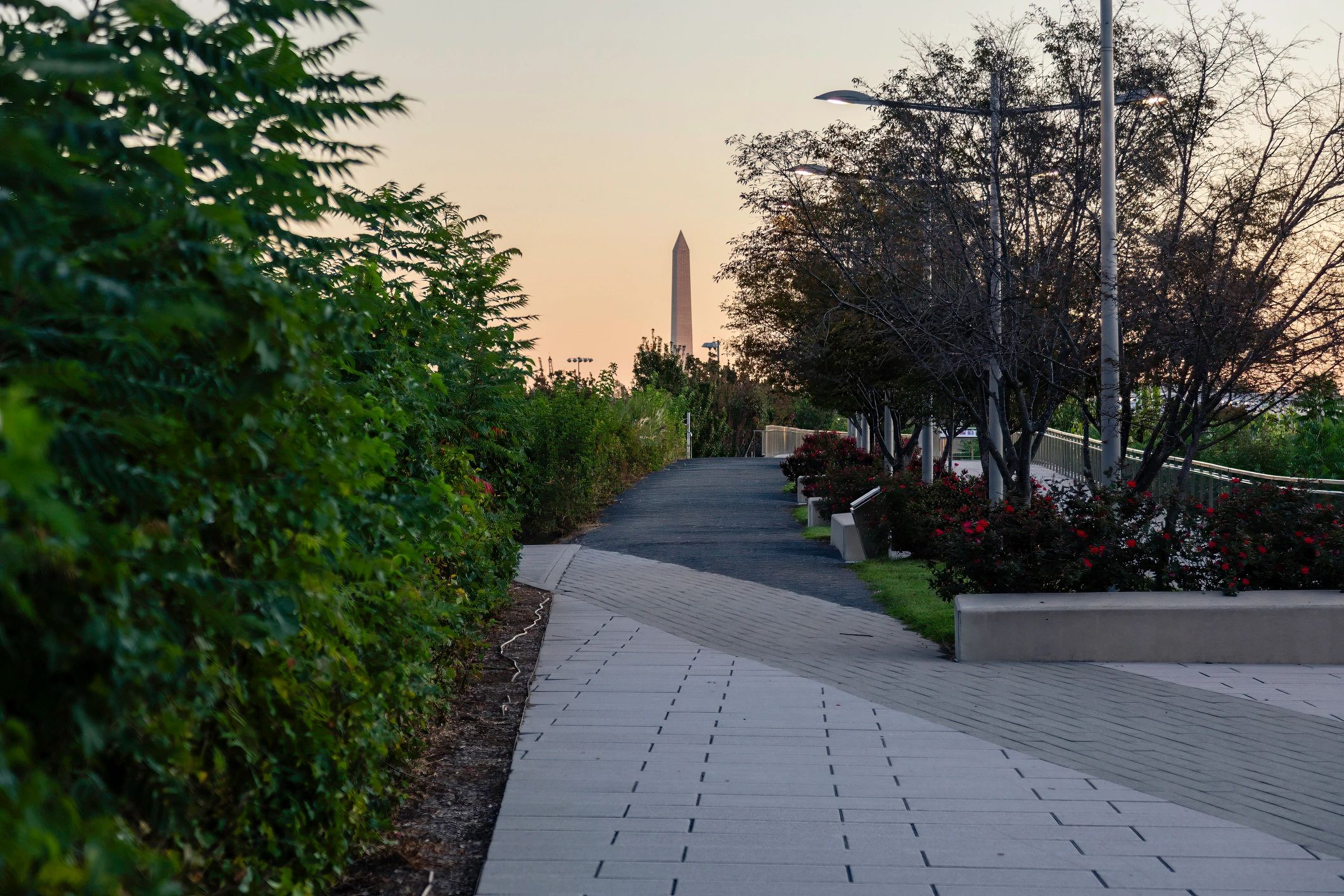 Crystal City, Virginia, cityscape at dawn, footpath in Long Bridge Park with Washington Monument visible in the background